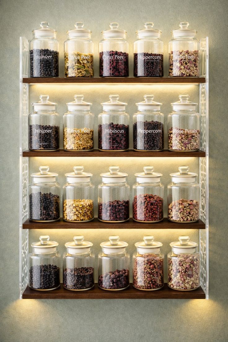Lit shelves of glass jars holding peppercorn, citrus peel, hibiscus and rose petals
