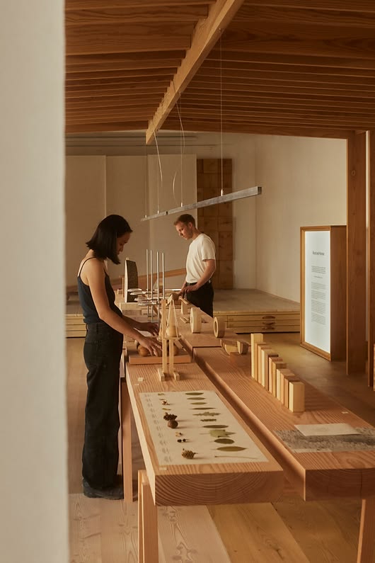 Two makers at a long worktable of tools and materials
